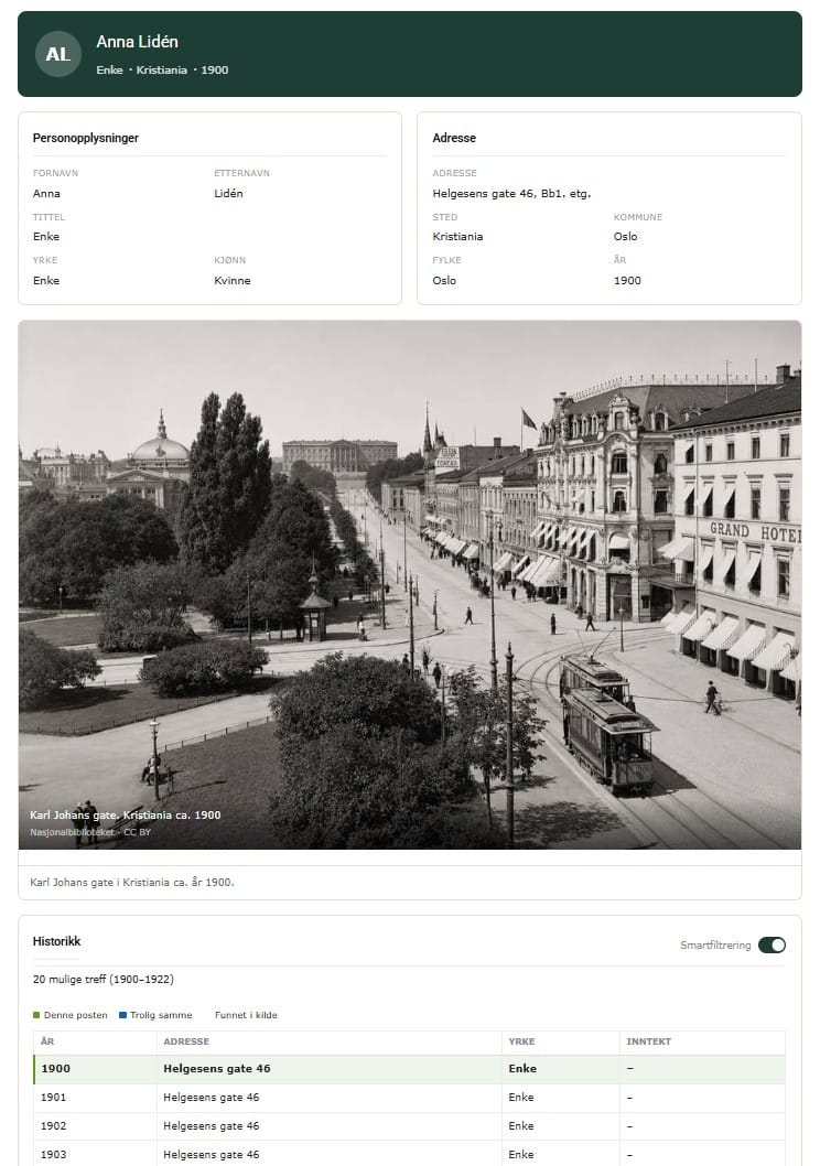 Eksempel på detaljvisning og historiske treff i Slekt1